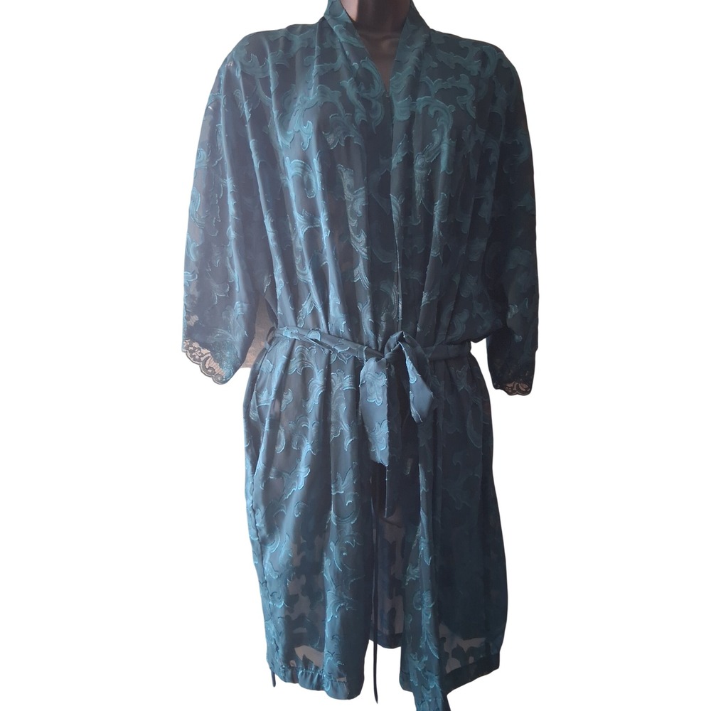 Fredericks of Hollywood Teal Sheer Mesh Lace Trim Robe Damask Scroll Vintage L‎ - Picture 6 of 12